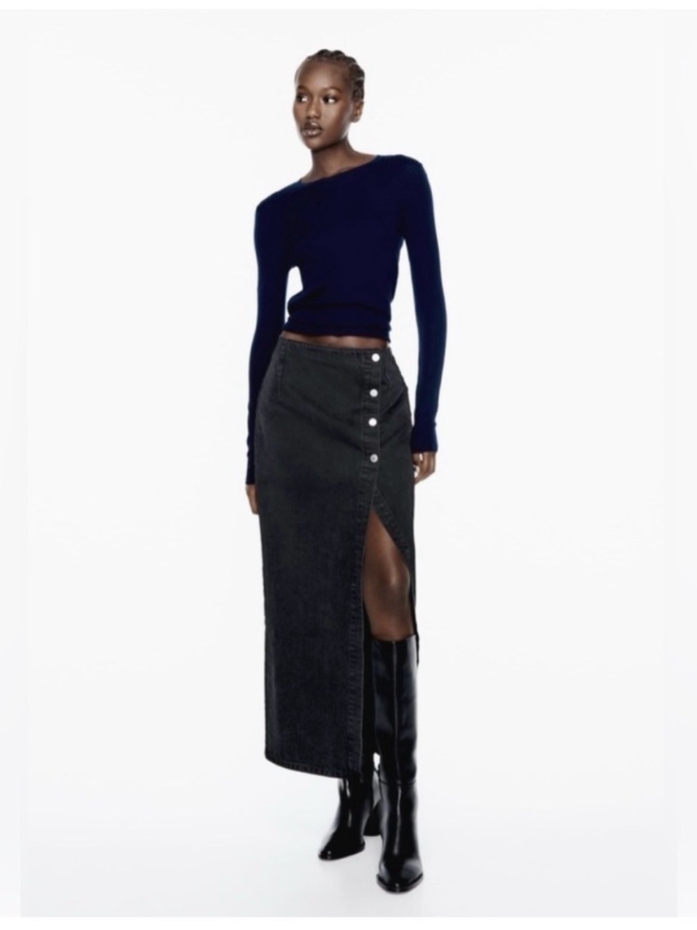 Zara Black High-Slit Button-Front Maxi Skirt